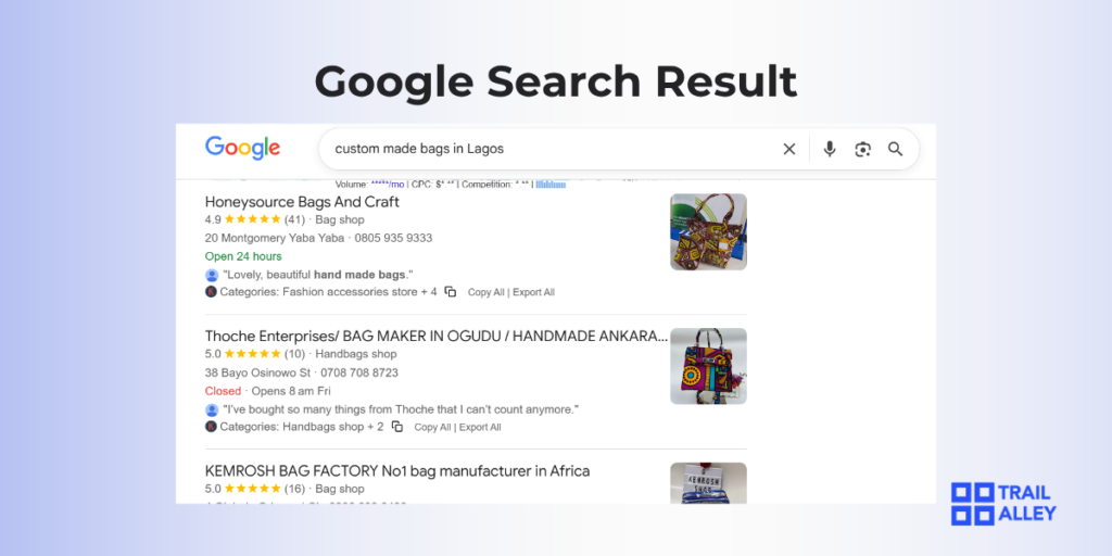 Search result from Google showing top queries for custom handmade bags in Lagos.