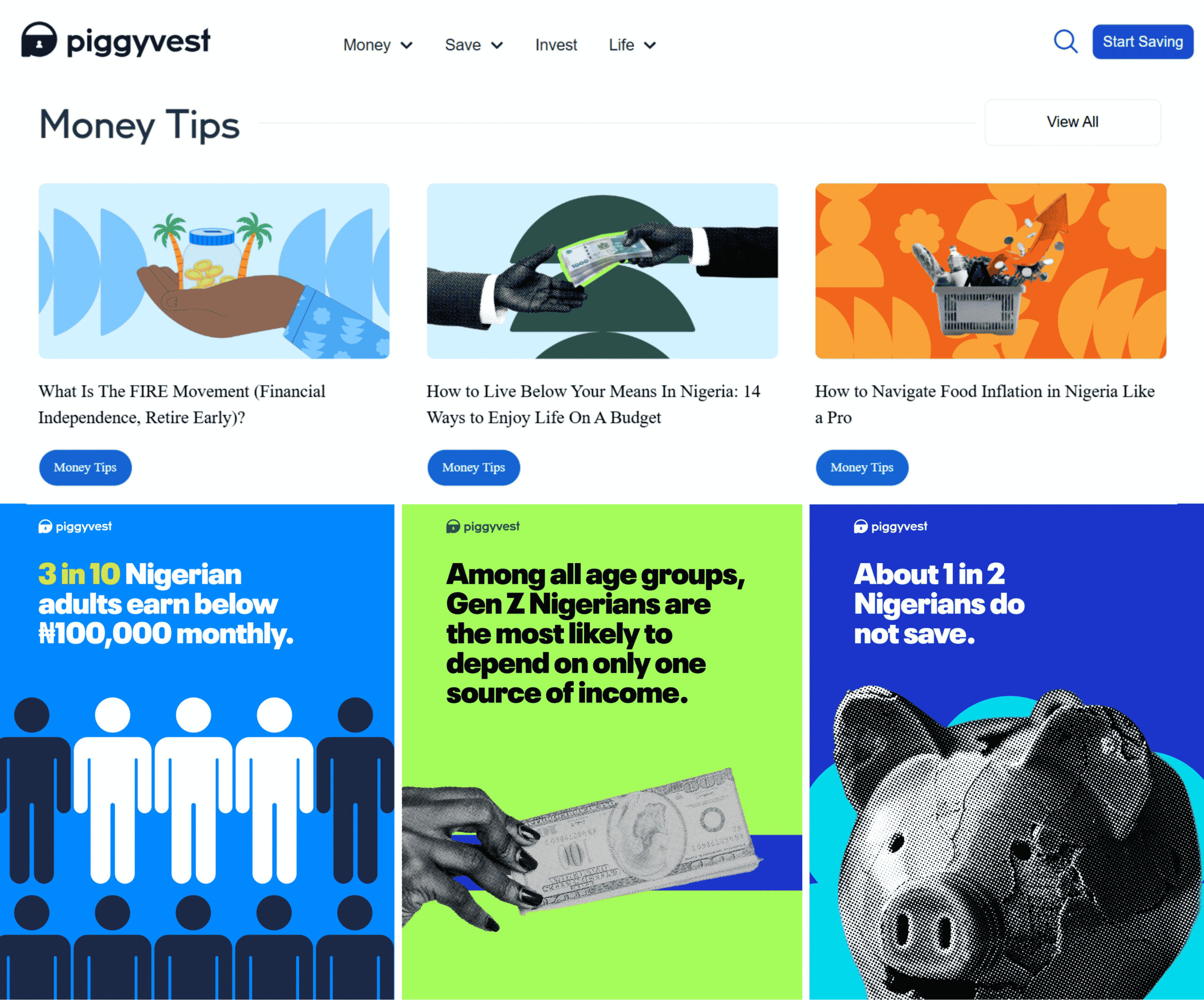 Content marketing example displaying social media and blog posts from Piggyvest