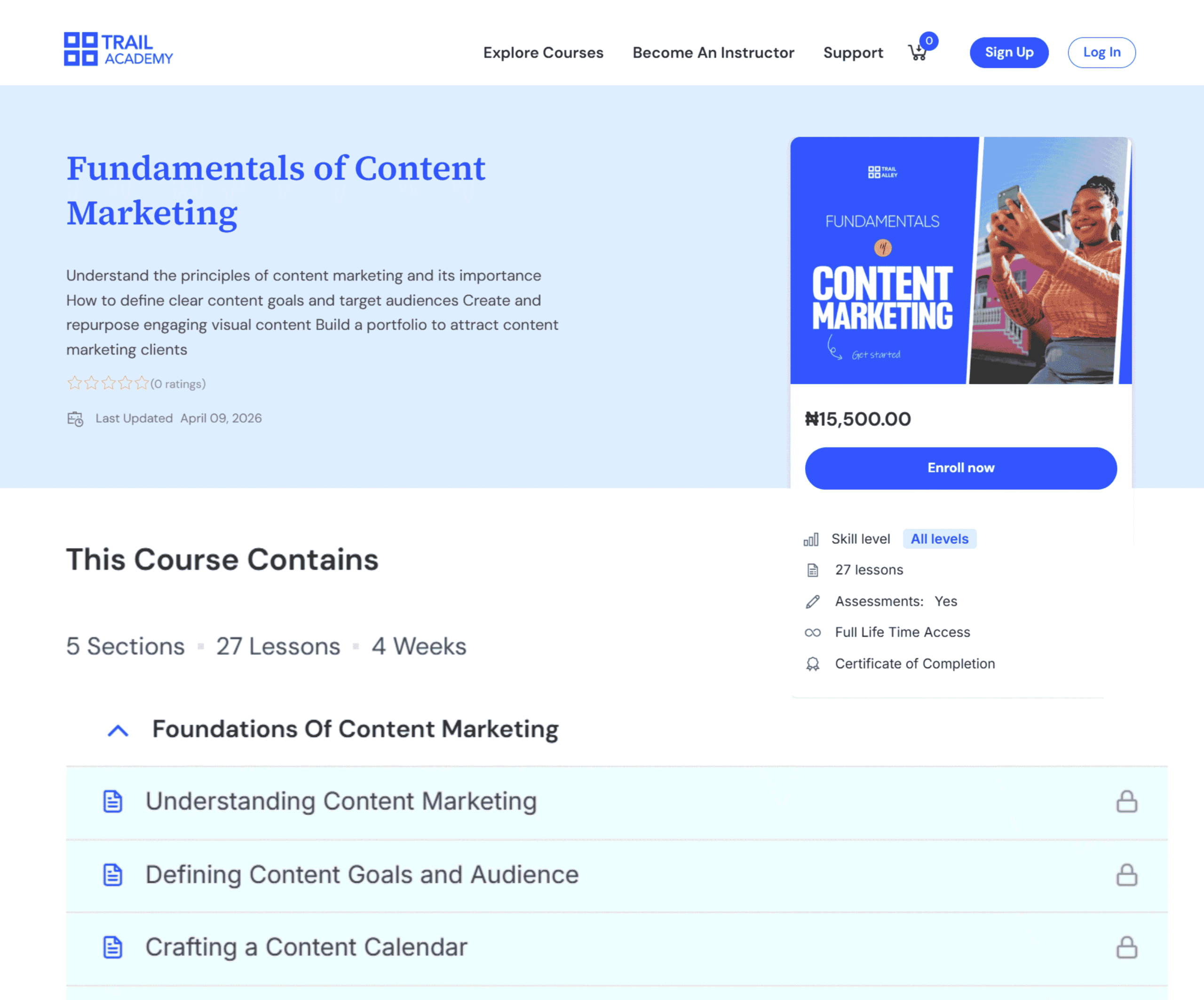 Landing page example of content marketing