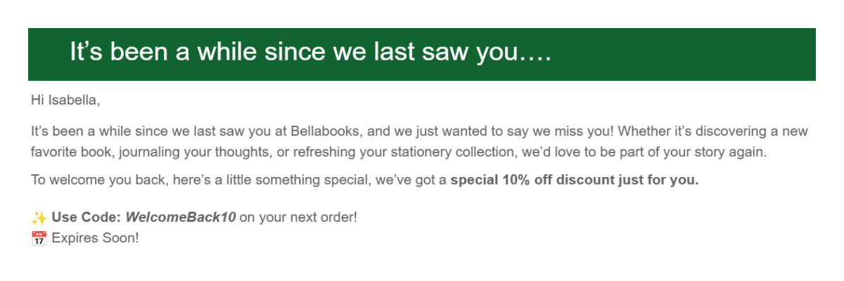 Email content marketing example from bellaBooks